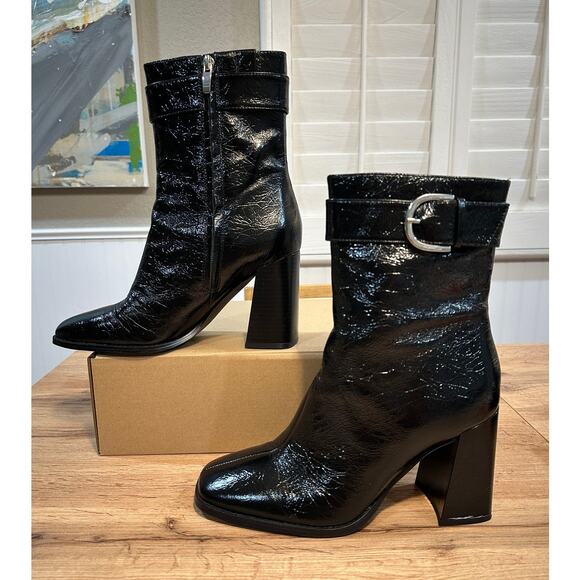 Nine West Tartess Black Boot Leather Size 8 Lightly Worn Square Toe Strap Detail - Picture 3 of 12